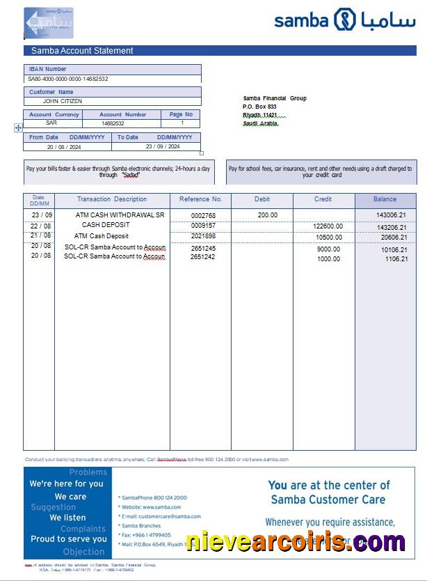 Saudi Arabia Samba Bank account statement, Word and PDF